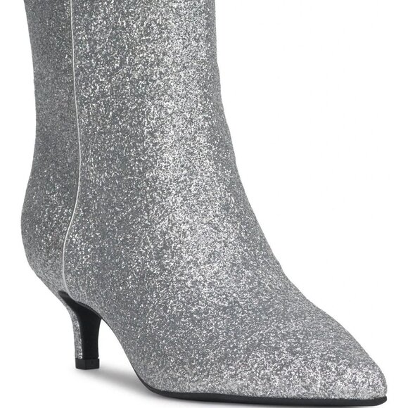 On Shoes - On 34th Aatira Tulip Booties Silver Glitter 5.5M Pointed Toe Kitten Heel MSRP$99